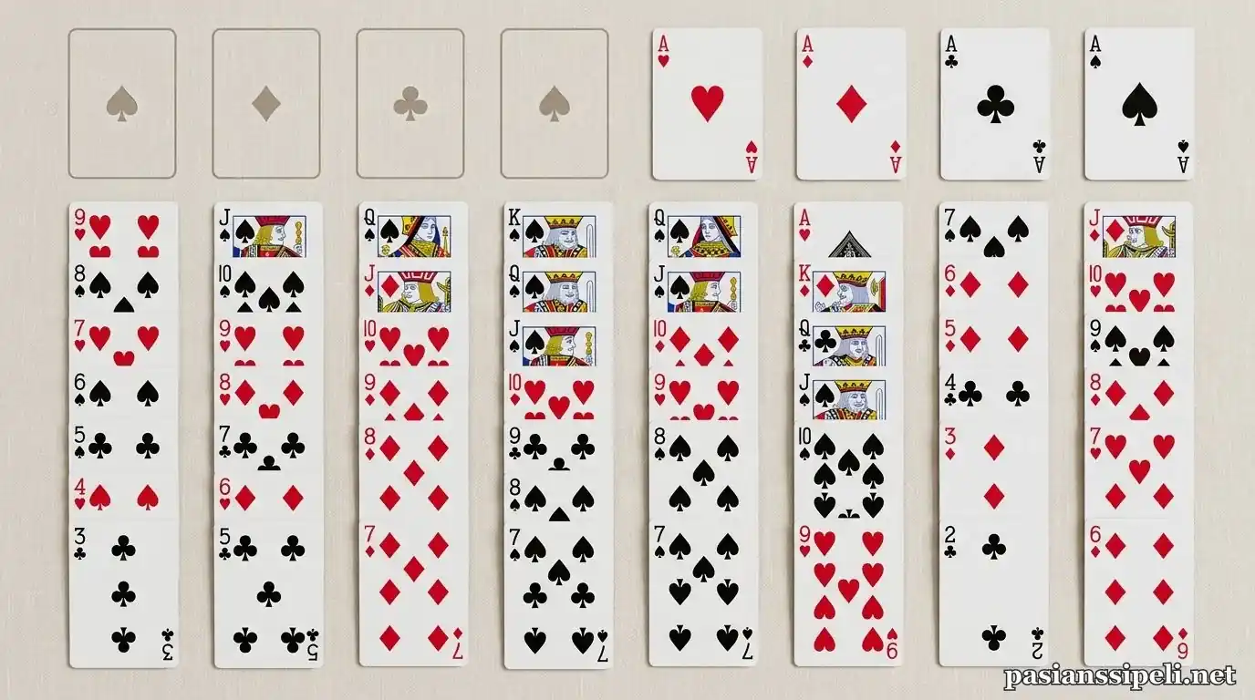 Vapaakenttä-pasianssin (FreeCell) asettelu: kahdeksan saraketta, neljä vapaakenttää ja perustat